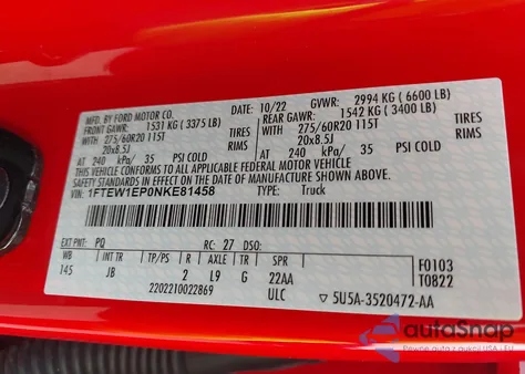 2022 Ford F-150 Xl из США, поврежденный, VIN 1FTEW1EP0NKE81458